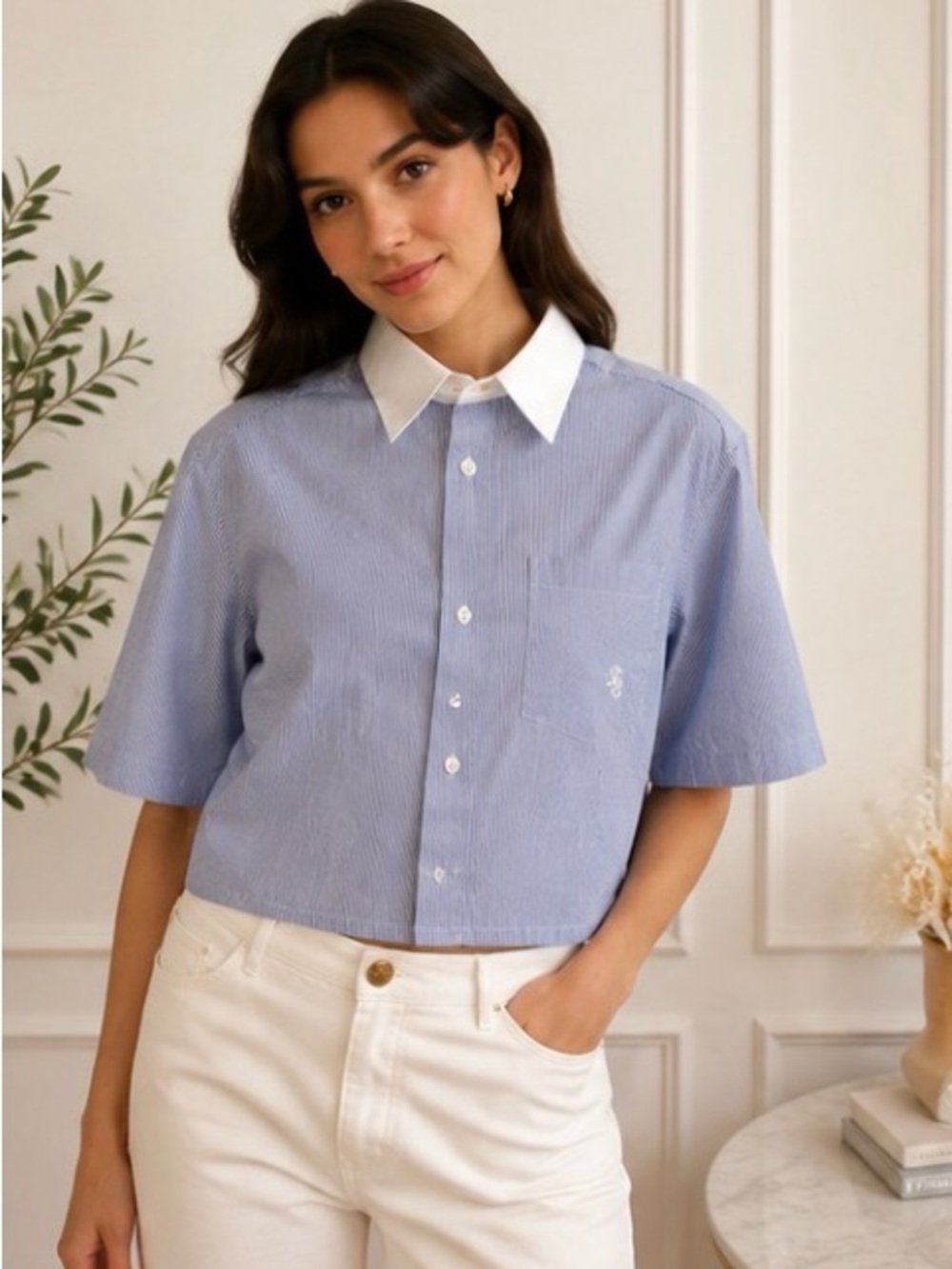 Sporty & Rich Blue & White Pinstripe Cropped Button-Down Shirt Small